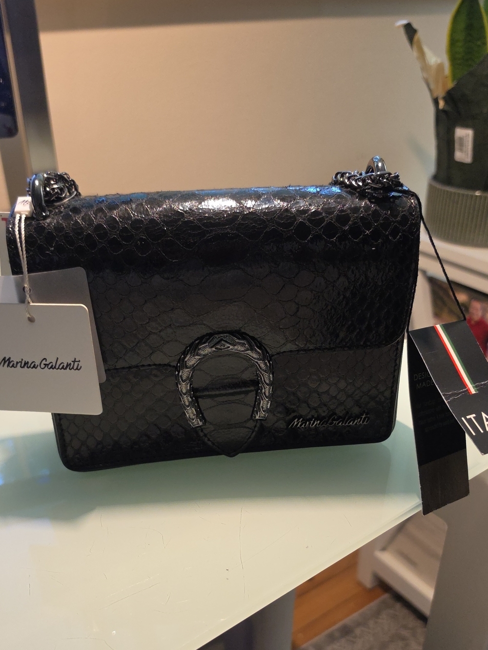 Marina Galanti Black Python-Effect Chain Shoulder Bag New